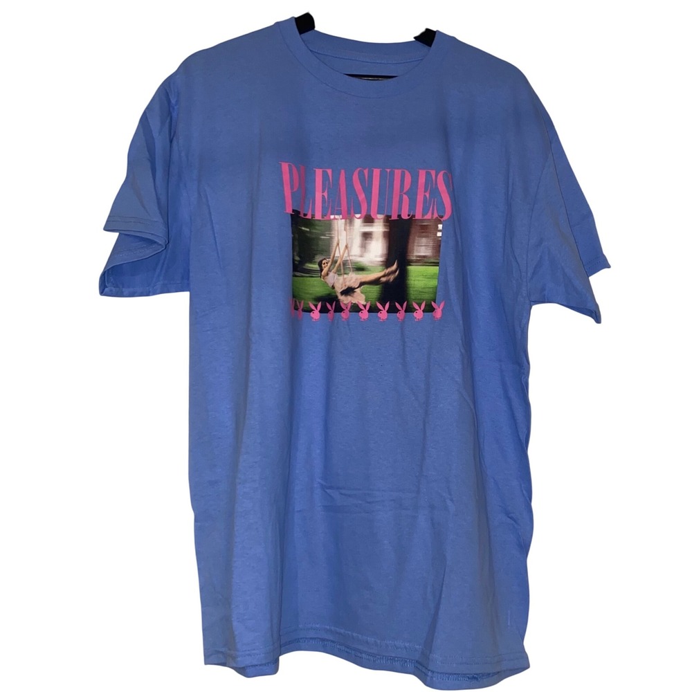 PLEASURES Playboy Girl On Swing Graphic Print Blue‎ T-Shirt Mens Size Large NWOT